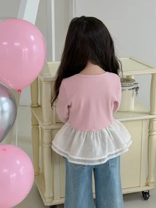 Dazy Kids Baby Girl Round Neck Long Sleeve Ruffle Hem Casual Top - Pink - View 2