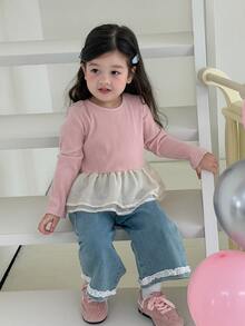 Dazy Kids Baby Girl Round Neck Long Sleeve Ruffle Hem Casual Top - Pink - View 5
