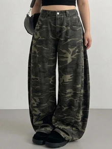 Dazy Plus Plus Size Women's Camouflage Loose Casual Cargo Streetwear Vacation Fall Long Denim Jeans Going Out Beach Olive Green - Army Green - View 3