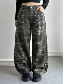 Dazy Plus Plus Size Women's Camouflage Loose Casual Cargo Streetwear Vacation Fall Long Denim Jeans Going Out Beach Olive Green - Army Green - View 4