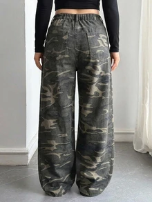 Dazy Plus Plus Size Women's Camouflage Loose Casual Cargo Streetwear Vacation Fall Long Denim Jeans Going Out Beach Olive Green - Army Green - View 2