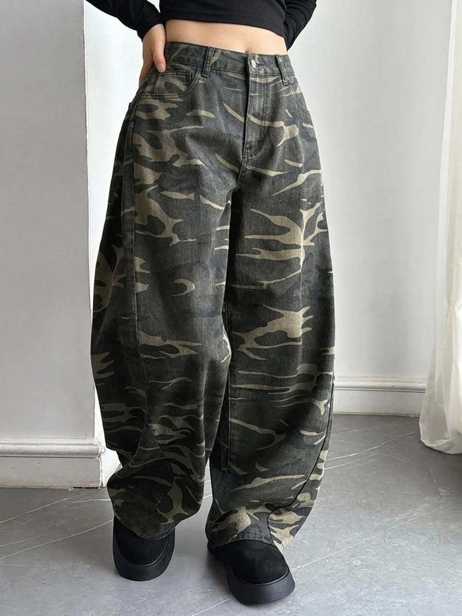 Dazy Plus Plus Size Women's Camouflage Loose Casual Cargo Streetwear Vacation Fall Long Denim Jeans Going Out Beach Olive Green - Army Green - View 1