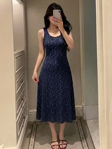 DAZY 甜美碎花無袖收腰長洋裝，夏季穿搭女款睡袍 - 藏蓝色 - 查看 5