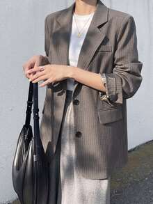 DAZY Autumn/Winter Loose Casual Commute Office Striped Patchwork Business Women's Blazer - Brown - View 1