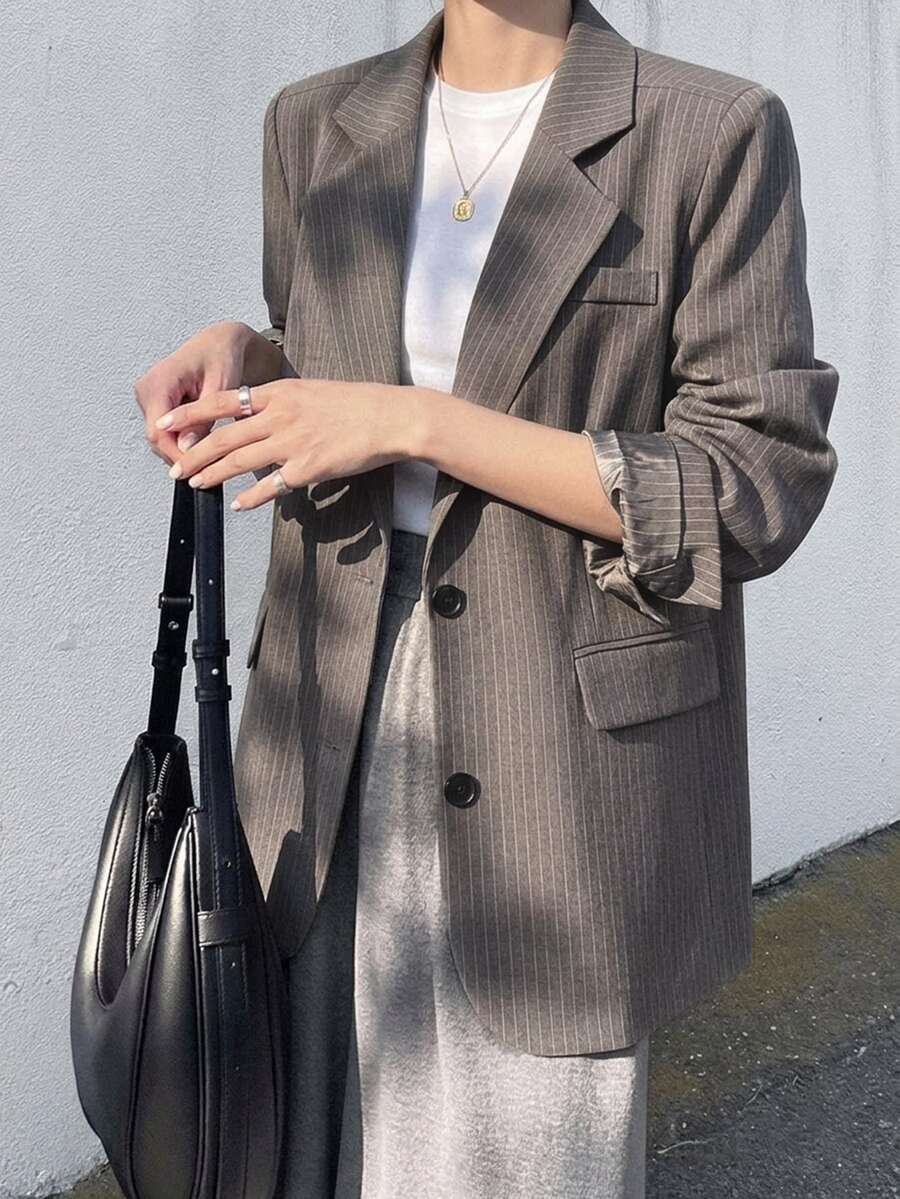 DAZY Autumn/Winter Loose Casual Commute Office Striped Patchwork Business Women's Blazer - Brown - View 1