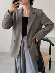 DAZY Autumn/Winter Loose Casual Commute Office Striped Patchwork Business Women's Blazer - Brown - View 7
