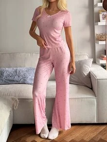 DAZY 2件組甜美碎花修身短袖T恤與直筒長款睡褲套裝，夏季女款睡衣套裝 - 粉色 - 查看 5