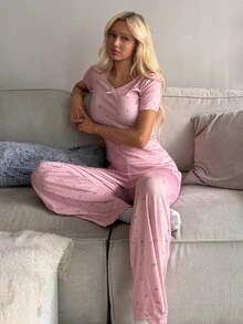 DAZY 2件組甜美碎花修身短袖T恤與直筒長款睡褲套裝，夏季女款睡衣套裝 - 粉色 - 查看 4