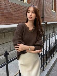 FRIFUL Middle-Aged Women Lace Patchwork Casual Daily Wear Knit Sweater - Dark Grey - View 4