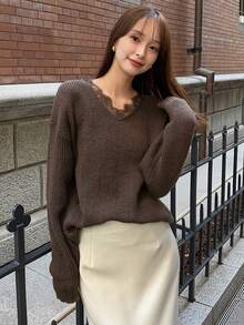 FRIFUL Middle-Aged Women Lace Patchwork Casual Daily Wear Knit Sweater - Dark Grey - View 5