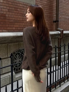 FRIFUL Middle-Aged Women Lace Patchwork Casual Daily Wear Knit Sweater - Dark Grey - View 2