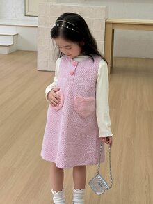 Dazy Kids Young Girl Tweed Heart Button Dress - Pink - View 1