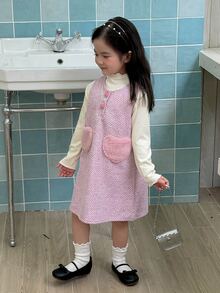 Dazy Kids Young Girl Tweed Heart Button Dress - Pink - View 7