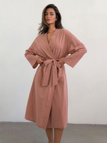 Livesso Women's Solid Color Waist Tie Casual Elegant Daily Home Sleepwear Lounge Sleep Dusty Rose Fall - Pink - View 11