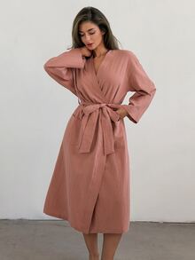 Livesso Women's Solid Color Waist Tie Casual Elegant Daily Home Sleepwear Lounge Sleep Dusty Rose Fall - Pink - View 9