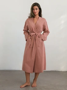 Livesso Women's Solid Color Waist Tie Casual Elegant Daily Home Sleepwear Lounge Sleep Dusty Rose Fall - Pink - View 8