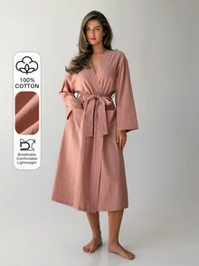 Livesso Women's Solid Color Waist Tie Casual Elegant Daily Home Sleepwear Lounge Sleep Dusty Rose Fall - Pink - View 1