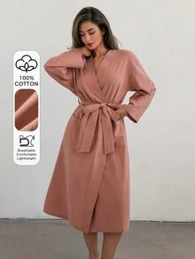 Livesso Women's Solid Color Waist Tie Casual Elegant Daily Home Sleepwear Lounge Sleep Dusty Rose Fall - Pink - View 3