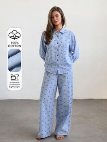 DAZY Women's Bow Pattern Long Sleeve Single-Breasted Top And Pants Pajama Set - Blue - View 5