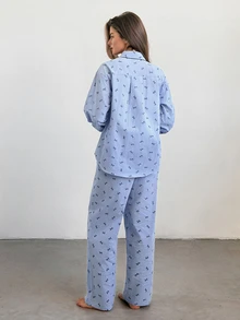 DAZY Women's Bow Pattern Long Sleeve Single-Breasted Top And Pants Pajama Set - Blue - View 2