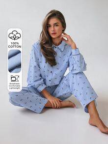 DAZY Women's Bow Pattern Long Sleeve Single-Breasted Top And Pants Pajama Set - Blue - View 1
