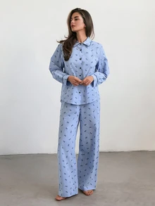 DAZY Women's Bow Pattern Long Sleeve Single-Breasted Top And Pants Pajama Set - Blue - View 11