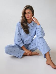 DAZY Women's Bow Pattern Long Sleeve Single-Breasted Top And Pants Pajama Set - Blue - View 10