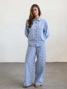 DAZY Women's Bow Pattern Long Sleeve Single-Breasted Top And Pants Pajama Set - Blue - View 9