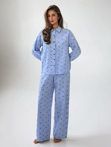 DAZY Women's Bow Pattern Long Sleeve Single-Breasted Top And Pants Pajama Set - Blue - View 8