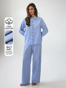 DAZY Women's Bow Pattern Long Sleeve Single-Breasted Top And Pants Pajama Set - Blue - View 3