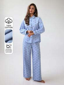 DAZY Women's Bow Pattern Long Sleeve Single-Breasted Top And Pants Pajama Set - Blue - View 4
