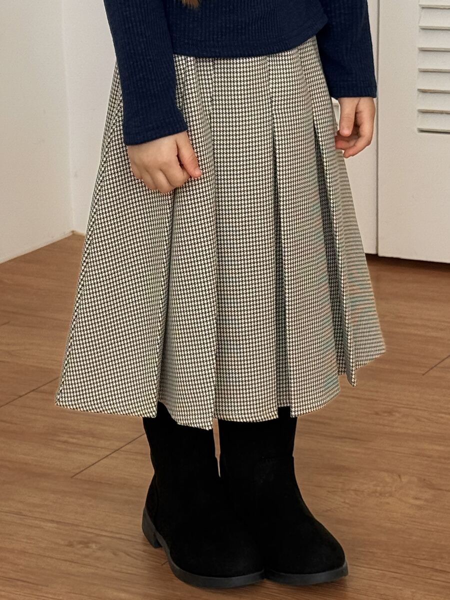 Dazy Kids 少女格紋休閒學院風百褶裙 秋季 - 卡其色 - 查看 1