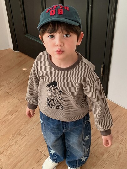 DAZY Baby Boy Round Neck Striped Cartoon Print Long Sleeve Casual Sweatshirt