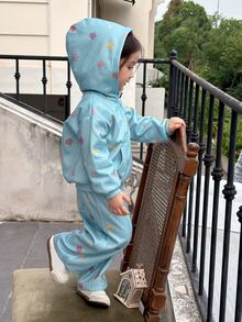 DAZY Baby Girl Floral Print Long Sleeve Hooded Sweatshirt And Pants Casual Daily Outfit - Grey - View 2