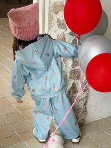DAZY Baby Girl Floral Print Long Sleeve Hooded Sweatshirt And Pants Casual Daily Outfit - Grey - View 3