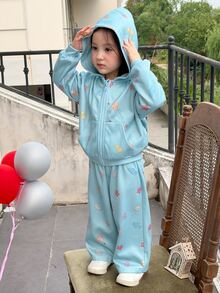 DAZY Baby Girl Floral Print Long Sleeve Hooded Sweatshirt And Pants Casual Daily Outfit - Grey - View 4