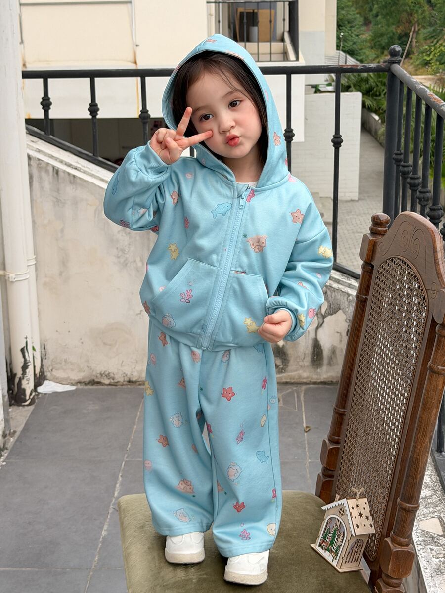 DAZY Baby Girl Floral Print Long Sleeve Hooded Sweatshirt And Pants Casual Daily Outfit - Grey - View 1