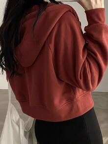 DAZY 女款連帽短版刷毛運動帽衫 - 酒紅色 - 查看 5