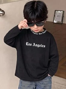 兒童青少年男孩休閒學院風運動白色套頭高領長袖T恤，適合通勤、上學、日常休閒外出及運動，四季皆宜 - 黑色 - 查看 4