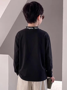 兒童青少年男孩休閒學院風運動白色套頭高領長袖T恤，適合通勤、上學、日常休閒外出及運動，四季皆宜 - 黑色 - 查看 5