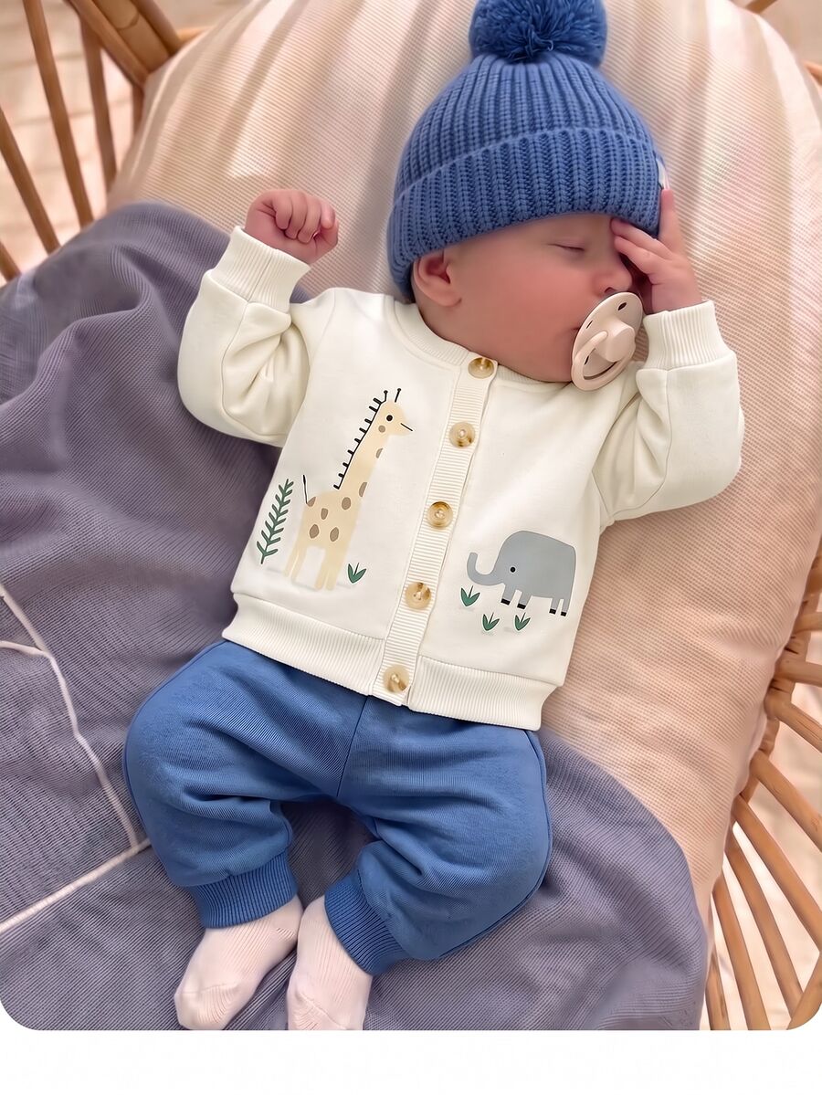 SHEIN New Born Baby Cartoon Animal Long Sleeve Single-Breasted Jacket And Pants Casual Set Newborn - Blue - View 1