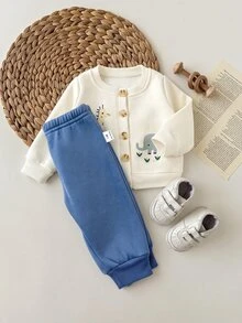 SHEIN New Born Baby Cartoon Animal Long Sleeve Single-Breasted Jacket And Pants Casual Set Newborn - Blue - View 5