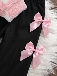 SHEIN Baby Girl Heart & Star Jacquard Thermal Lined Thick Plush Hooded Autumn Sweatshirt With Bow Decor & Elastic Leggings Set, Suitable For Winter - Pink - View 4