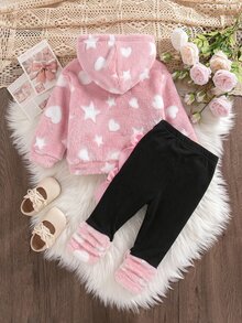 SHEIN Baby Girl Heart & Star Jacquard Thermal Lined Thick Plush Hooded Autumn Sweatshirt With Bow Decor & Elastic Leggings Set, Suitable For Winter - Pink - View 2