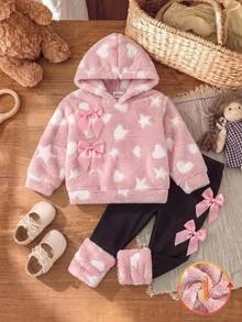 SHEIN Baby Girl Heart & Star Jacquard Thermal Lined Thick Plush Hooded Autumn Sweatshirt With Bow Decor & Elastic Leggings Set, Suitable For Winter - Pink - View 1