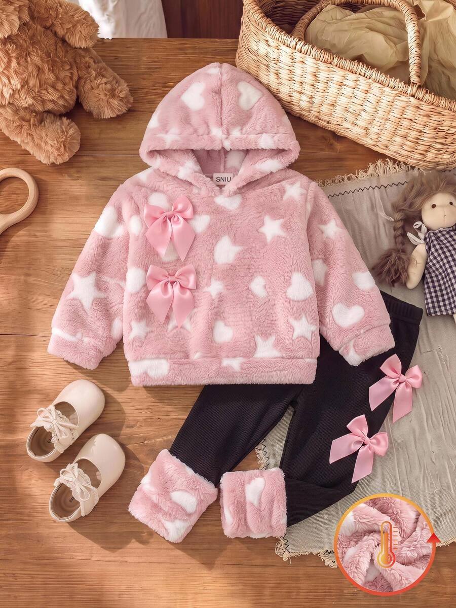 SHEIN Baby Girl Heart & Star Jacquard Thermal Lined Thick Plush Hooded Autumn Sweatshirt With Bow Decor & Elastic Leggings Set, Suitable For Winter - Pink - View 1
