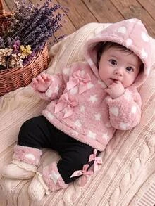 SHEIN Baby Girl Heart & Star Jacquard Thermal Lined Thick Plush Hooded Autumn Sweatshirt With Bow Decor & Elastic Leggings Set, Suitable For Winter - Pink - View 8