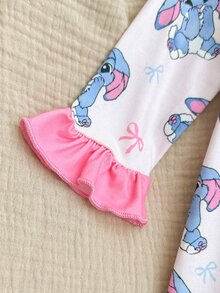 SHEIN 新生兒男嬰可愛針織休閒卡通熊圖案連身衣與髮帶套裝 - 淺粉色 - 查看 6