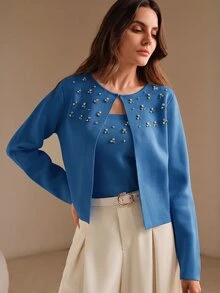 Anewsta 2026新款秋冬優雅重工串珠抹胸上衣與針織開襟衫兩件套 - 藍色 - 查看 3