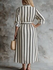 SHEIN LUNE CURVE Đầm size lớn họa tiết sọc mùa thu/đông, phong cách thanh lịch, thiết kế thắt lưng, phù hợp hẹn hò, thường ngày, du lịch, phong cách đường phố mùa thu - Nhiều màu - Xem 2